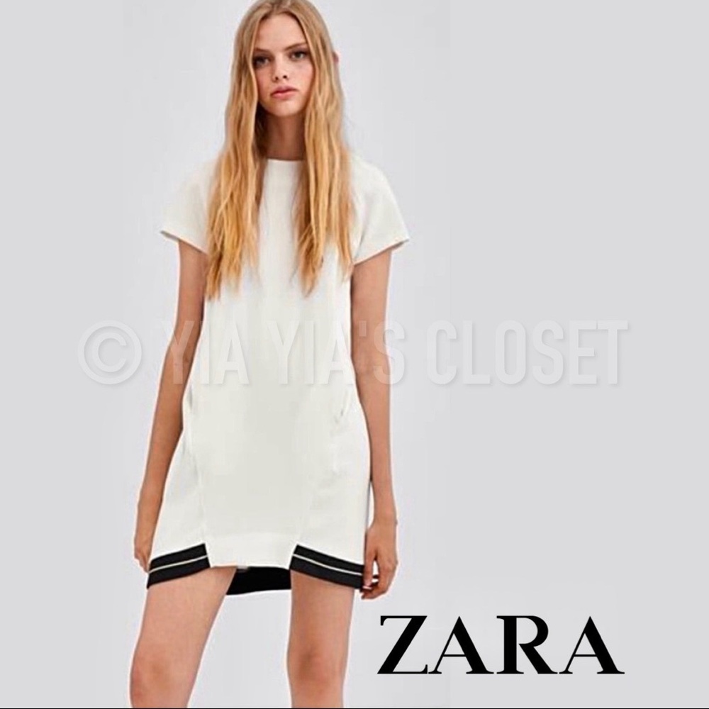 Zara TRF Womens White Textured Mini Shift Dress - Black Ribbed Trim - Size Small